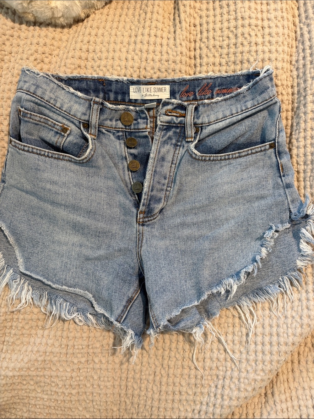Billabong Light Blue High-Rise Frayed V-Hem Denim Shorts